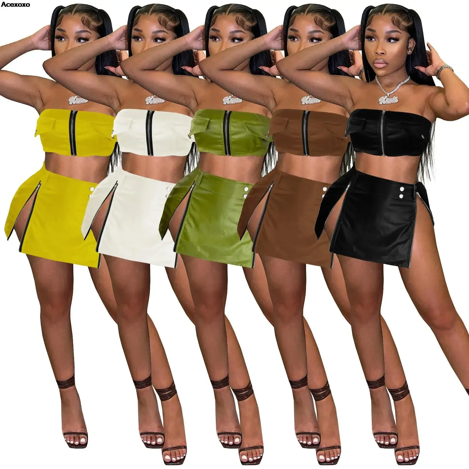 

Summer new women's fashion casual sexy slim temperament solid color PU leather zipper slit two-piece dress