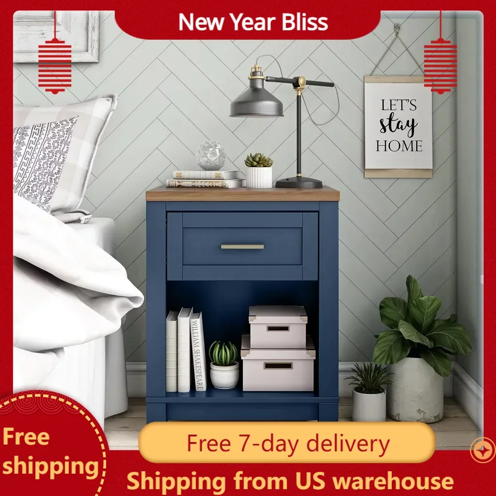 

Bed Table Navy With Walnut Top Bedside Table for the Bedroom Furniture Nightstand Night Tables Nightstands Stand Side Desk Home