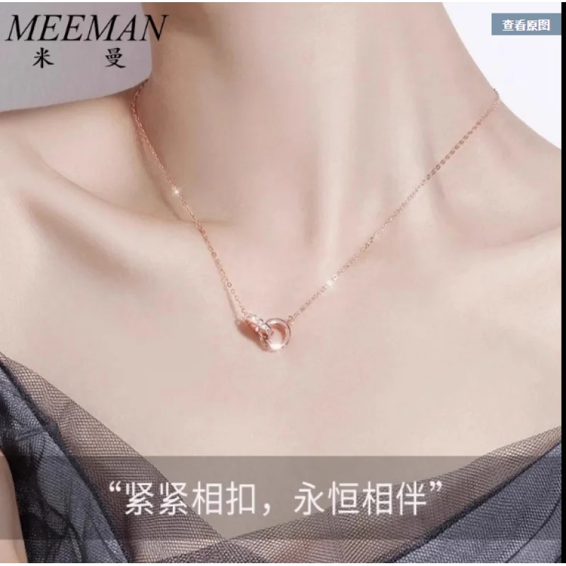 

Double Ring Necklace Women's Sterling Silver Light Luxury Minority High-End Design Pendant Clavicle Chain for Girlfriend