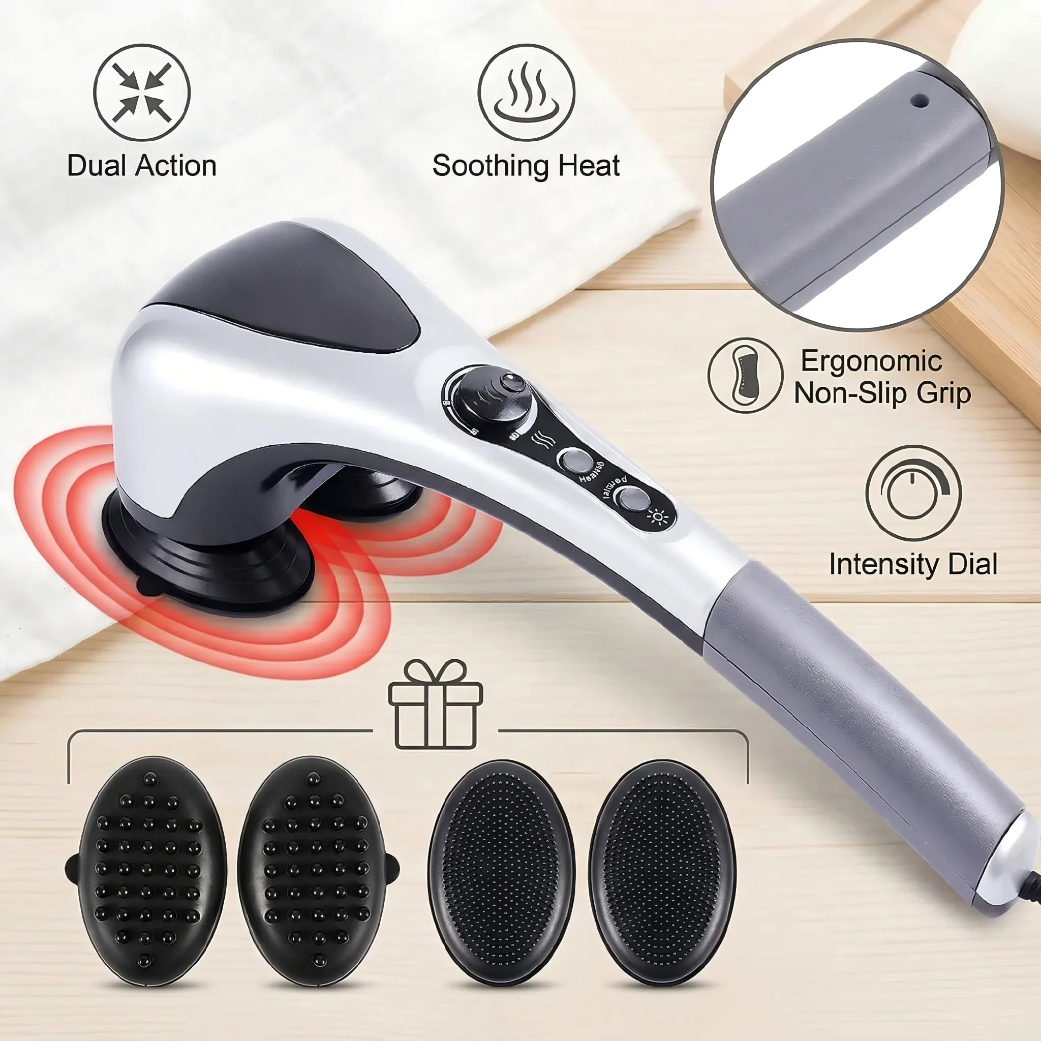 Dual-Head Handheld Electric Massager with Infrared Heat, Strong Vibration, Stepless Speed Control, Replaceable Massage Heads, 1 Dual-Head Handheld Electric Massager with Infrared Heat, Strong Vibration, Stepless Speed Control, Replaceable Massage Heads, 1