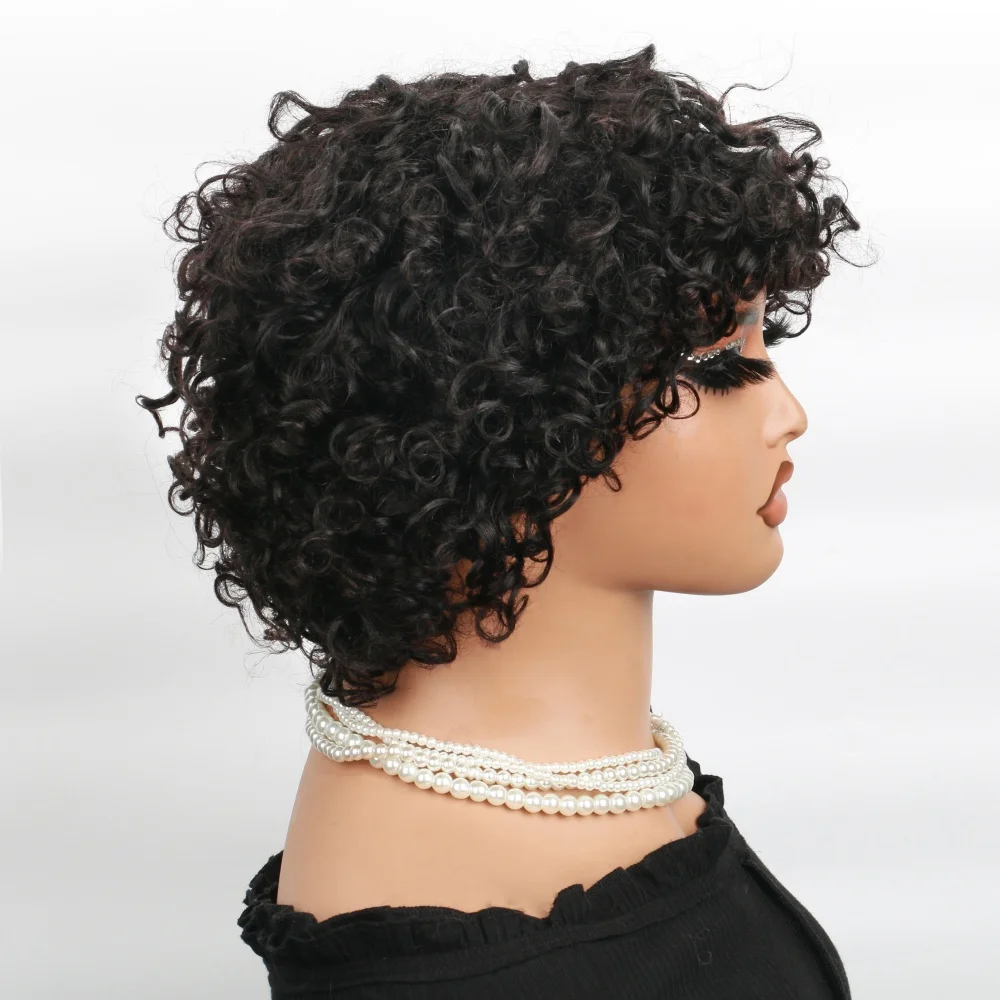 브라질리안 숏밥 픽시컷 가발 아프로 곱슬머리 가발 앞머리 있는 흑인 여성용 자연스러운 풀머신 메이드 인모 가발