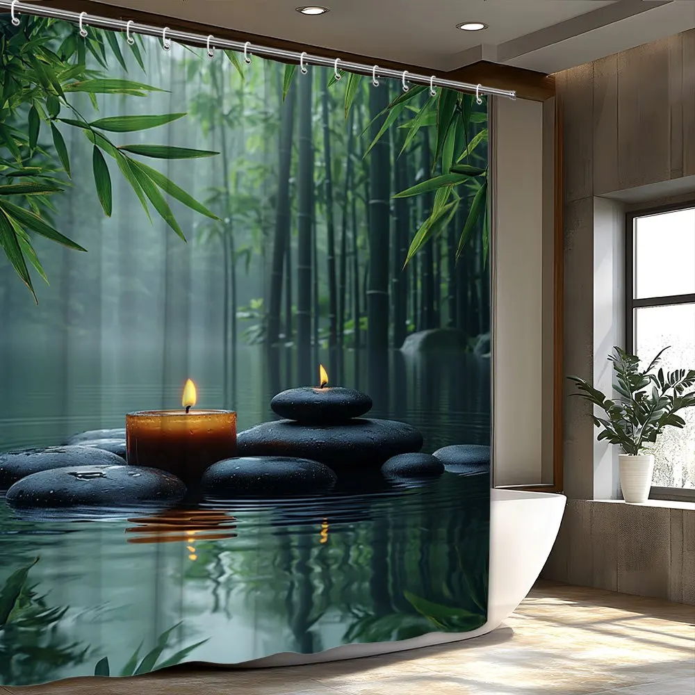 ม่านอาบน้ําป่าไม้ไผ่ผ่อนคลายสําหรับห้องน้ําเซน มีน้ําเงียบสงบ หิน และเทียน นี่เงียบ 1