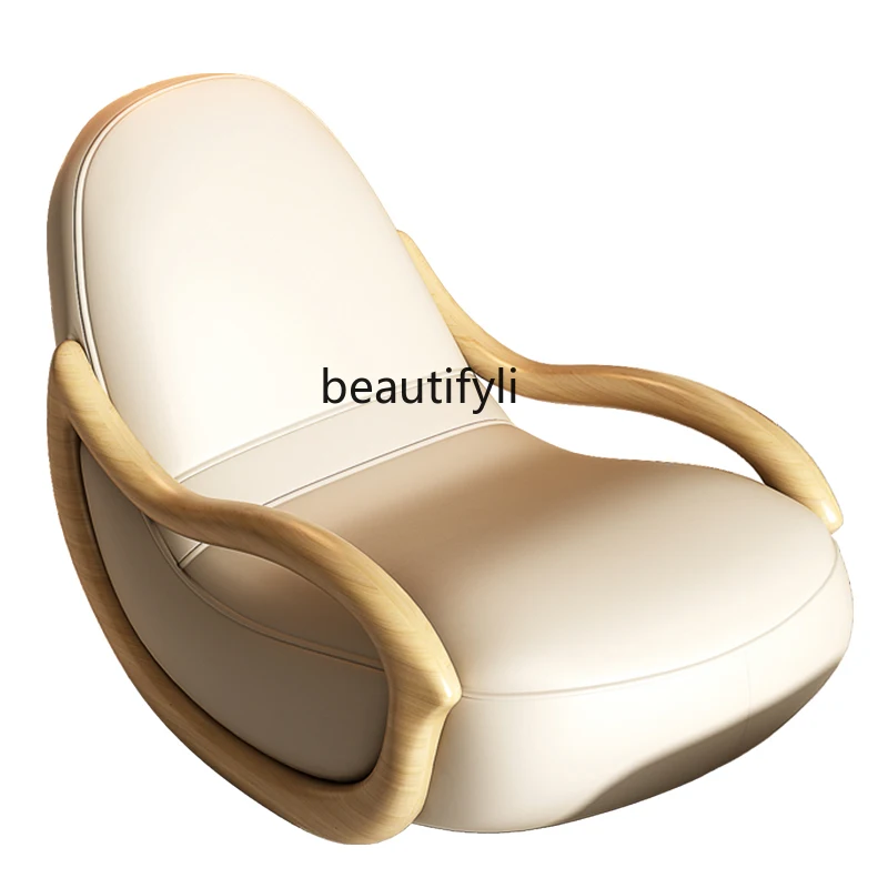 

Cream Style Solid Wood Leisure Chair Chinese Lazy Sofa Recliner Faux Leather Home Balcony Leisure Chair