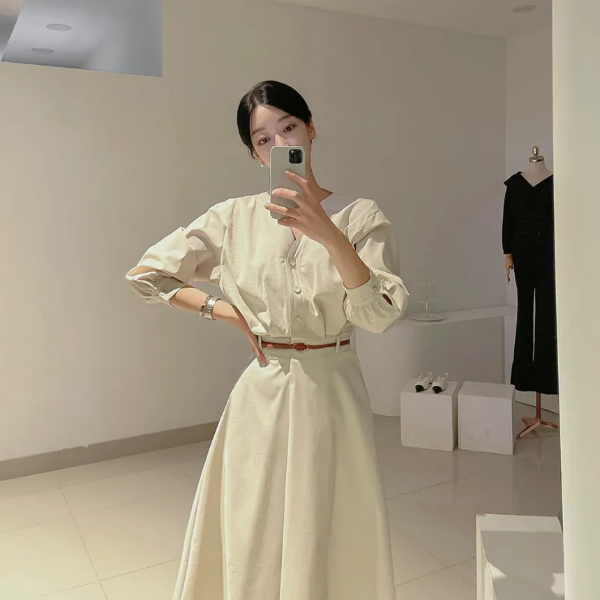 Korean Fashion V-neck Midi Dresses for Women with Belt Long Sleeve A-line Office Lady Autumn New Elegant Solid Female Clothing
