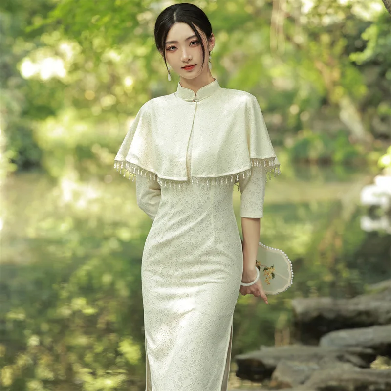 

Cheongsam Lace Festive Two-Piece Shawl Mid-Sleeve Dress With Literary And Republican Style