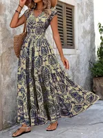 2025 vintage printed dress fashionable and elegant V-neck short sleeved jumpsuit long skirt women's clothing - Image 4
