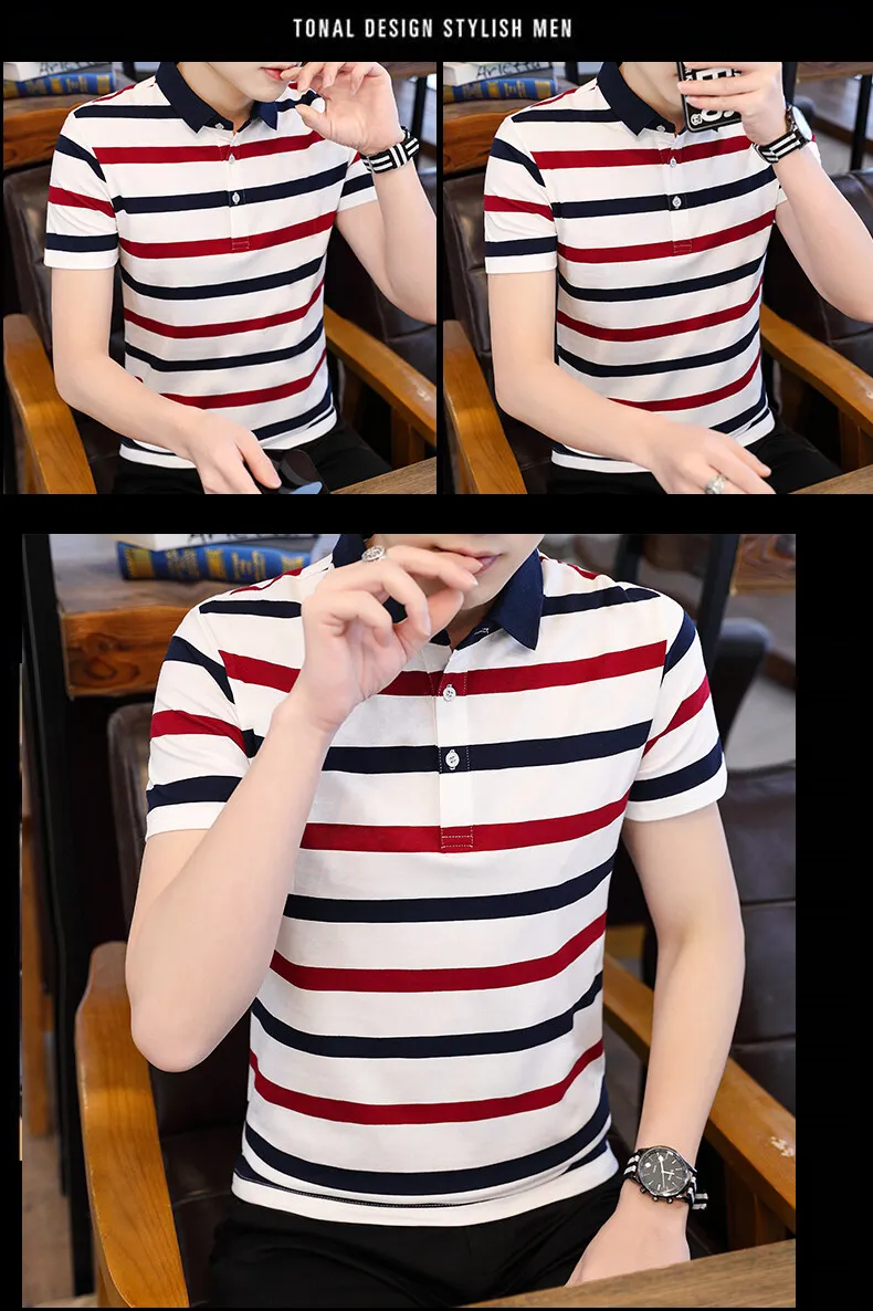 Summer new men's short-sleeved T-shirt striped cotton thin section business lapel men's polo shirt men's models 21 S96eda78b173f43d3b609409e6e57646bG