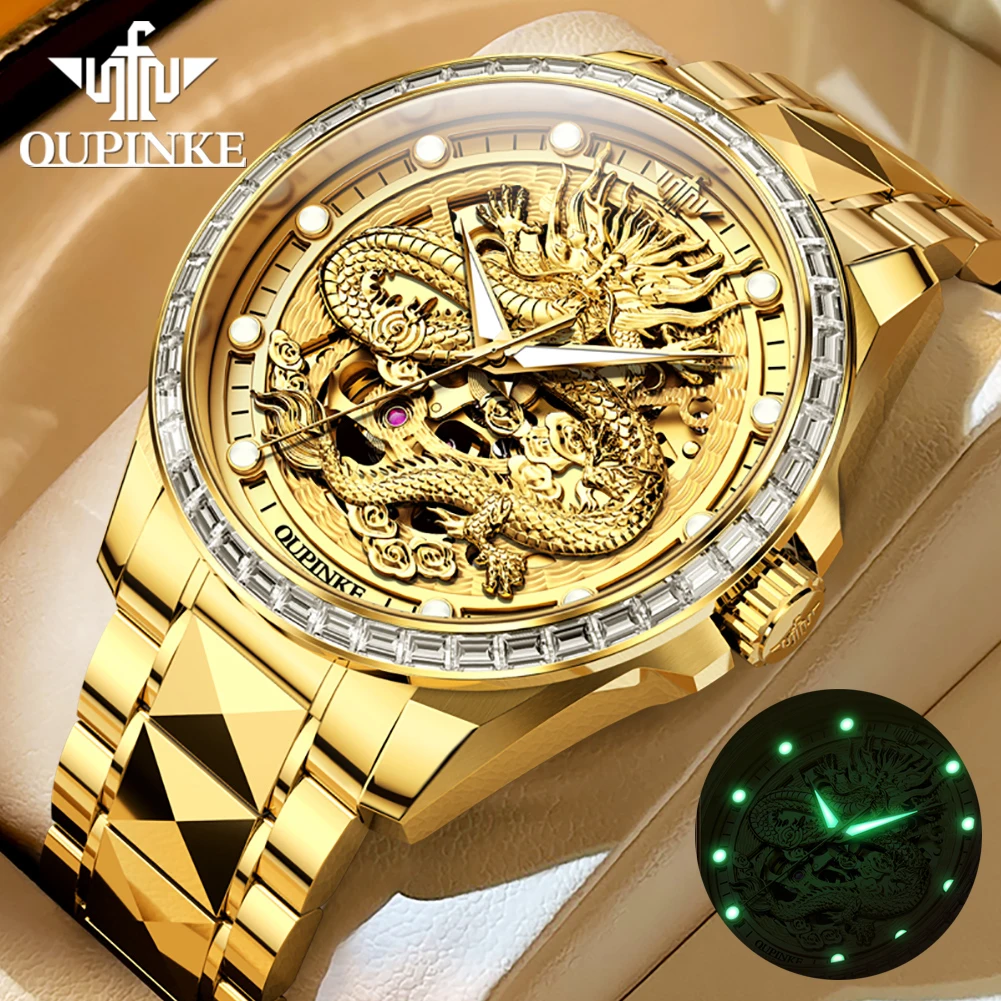 Original OUPINKE Brand Luxury Gold Dragon Automatic Watch for Men High Quality Diamond Watches Skeleton Mechanical Wristwatch