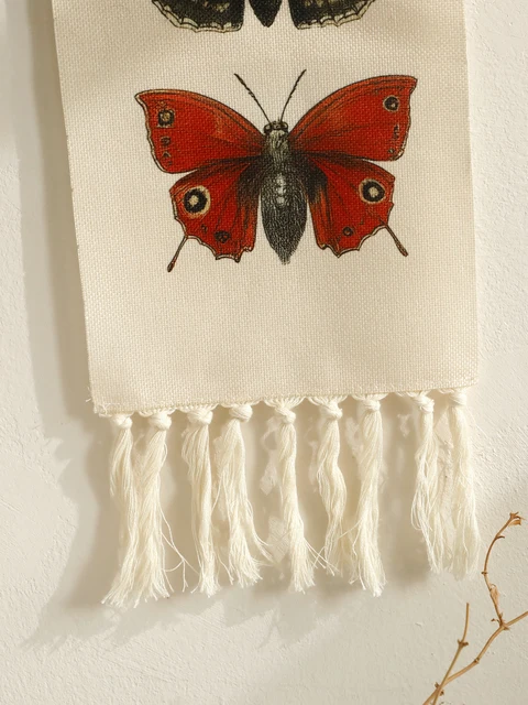 Tapisserie murale Vintage Boho papillon papillon, bannière en coton avec glands, décoration de maison naturelle rustique pour salon chambre à coucher, 1 pièce 5