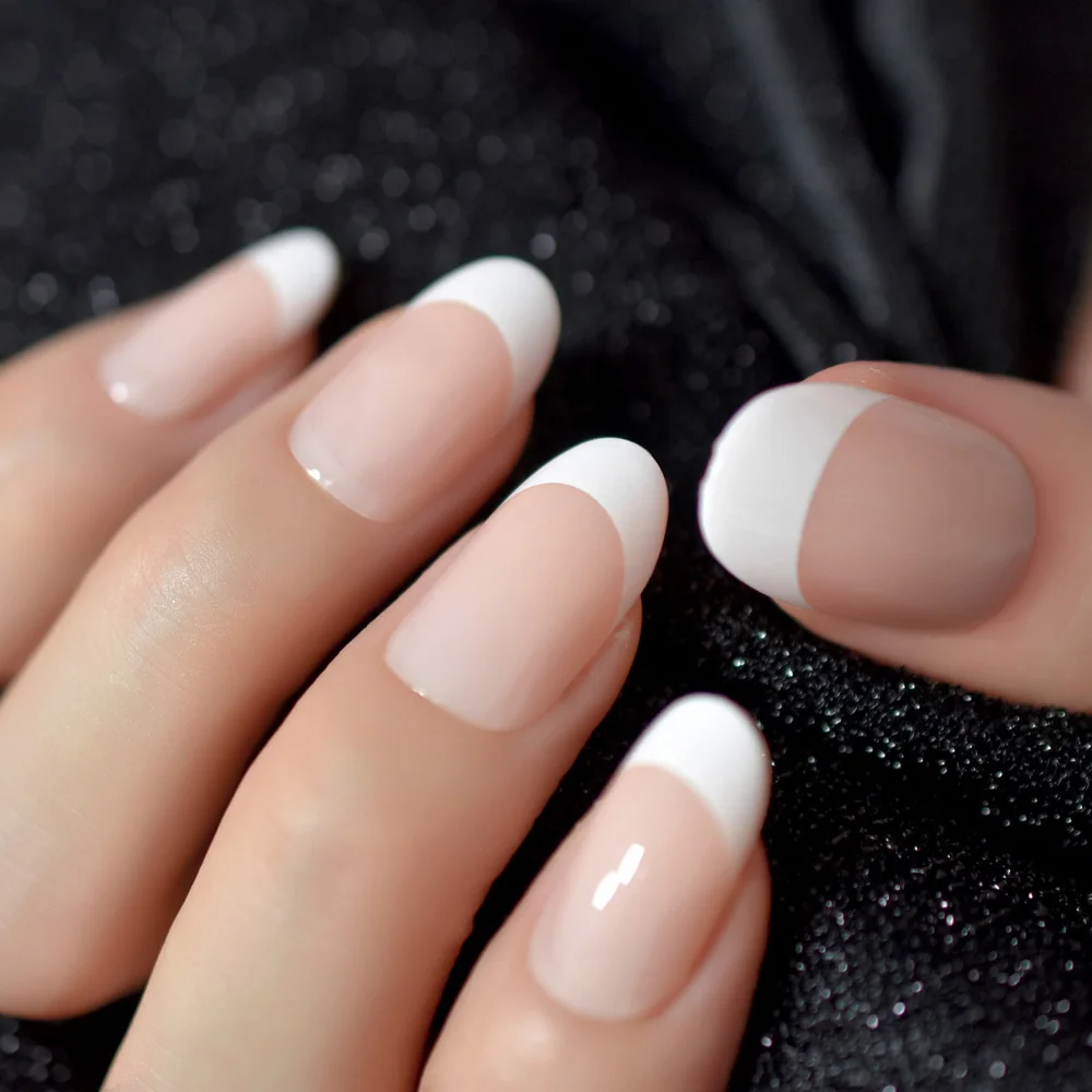 Oval Acrylic French Nail Kit - Medium Length Grace Oval Fake Nails with 24 Tips