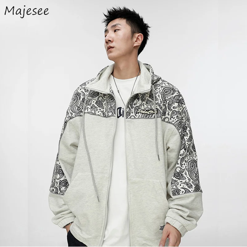 

Hip Hop Zipper Hoodies Men Ins Fashion Loose American Vintage Patchwork Hooded Sweatshirts Male Couples Coats Front Pockets New