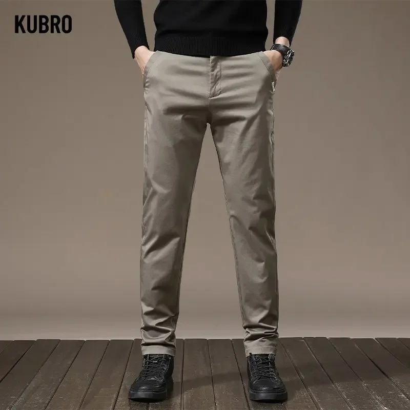 

KUBRO New Versatile Chic Men's Casual Pants Straight Stretch Loose Sports Work Business Grass Grey Office Appliques Full Length