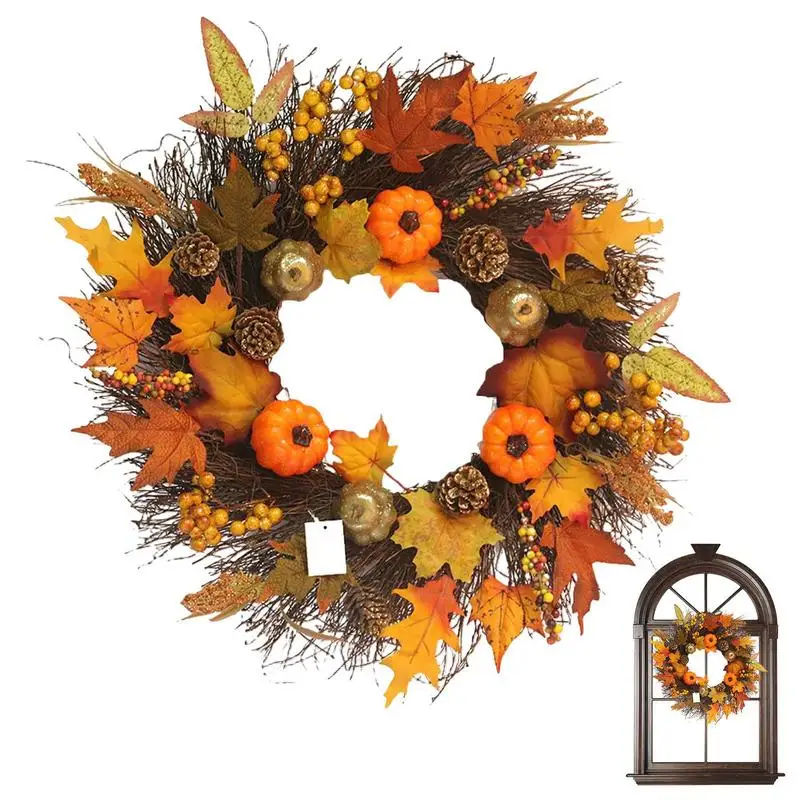 

Maple Leave Wreath Household Maple Leave Autumn Porch Wreath Autumn Pinecones Hanger For Wall Window Portable Garland For Porch