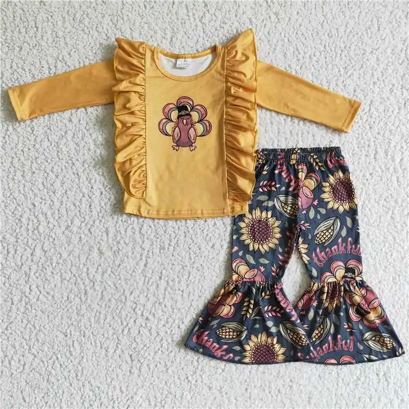 

Wholesale Baby Girl Thankful turkey Sunflower Corn Toddler Long Sleeve Flower Bell Bottoms Pants Infant Outfit Children Kid Set