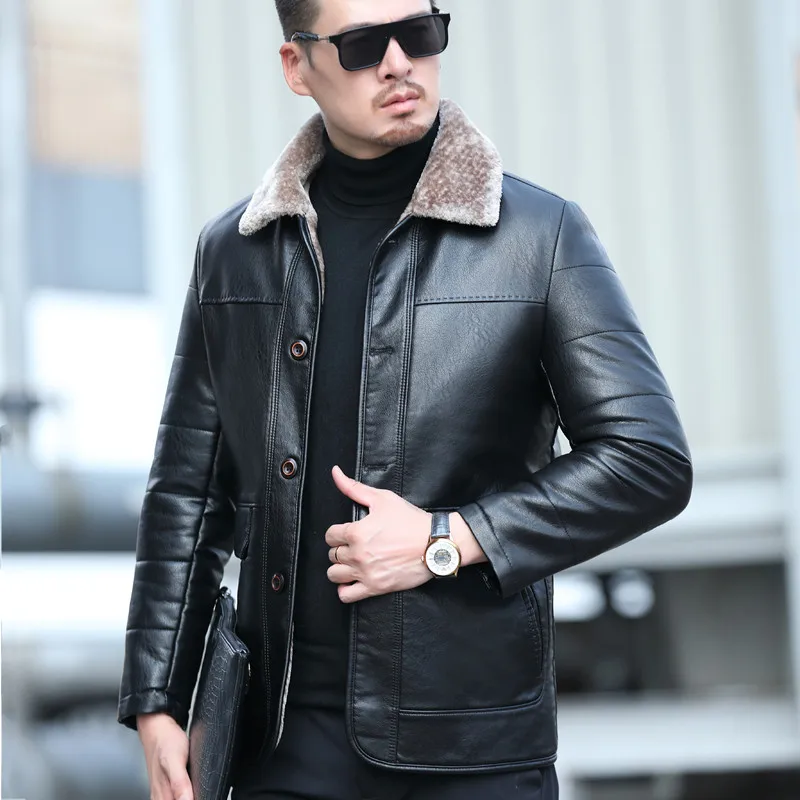 Natural Leather Men's Autumn and Winter Casual Lapel Mid Length Business Leather Down Jacket Plus Size