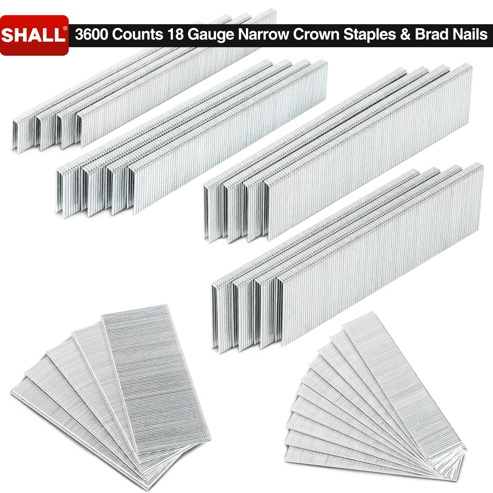 

SHALL 3600 Counts 18 Gauge Narrow Crown Staples & Brad Nails, Heavy Duty Galvanized Narrow Crown Staples &Brad Nails