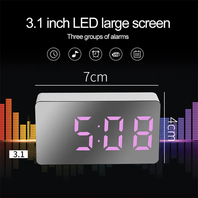 밝기 조정이 가능한 LED 디스플레이와 다양한 기능을 갖춘 세련된 LED 미러 테이블 시계