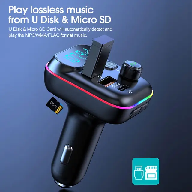Car Bluetooth MP3 Player QC3.0 Fast Charging Wireless FM Radio Transmitter Music Playback Colorful Atmosphere Light Display 3