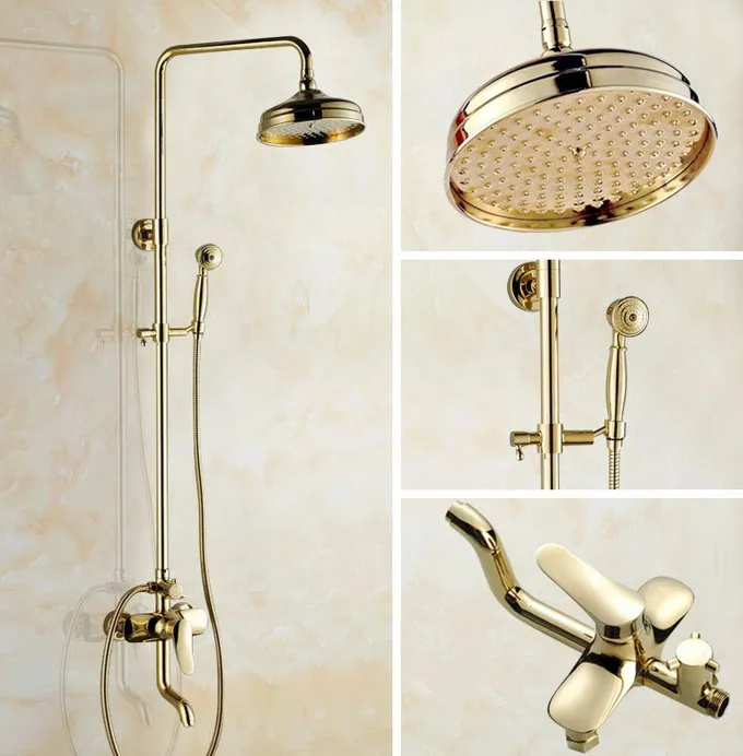 

Washroom Rainfall/Handheld Shower Faucet Set Golden Brass Wall Mounted Bathroom Bath Tub Hot And Cold Water Taps Kit Dgf301