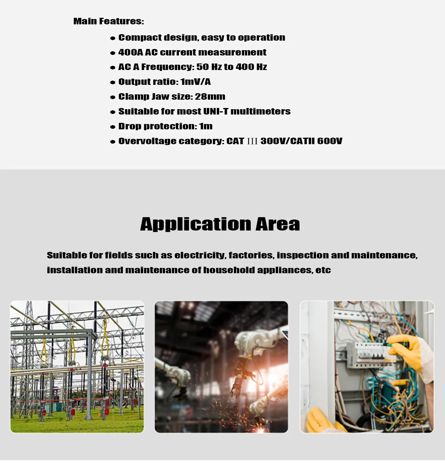 Description Picture 4 of itemUNI T AC Current Clamp Sensor UT-CS06A 400A Current Measuring Pliers Ammeter Suitable For UT61E+ UT139C UT196 Multimeters