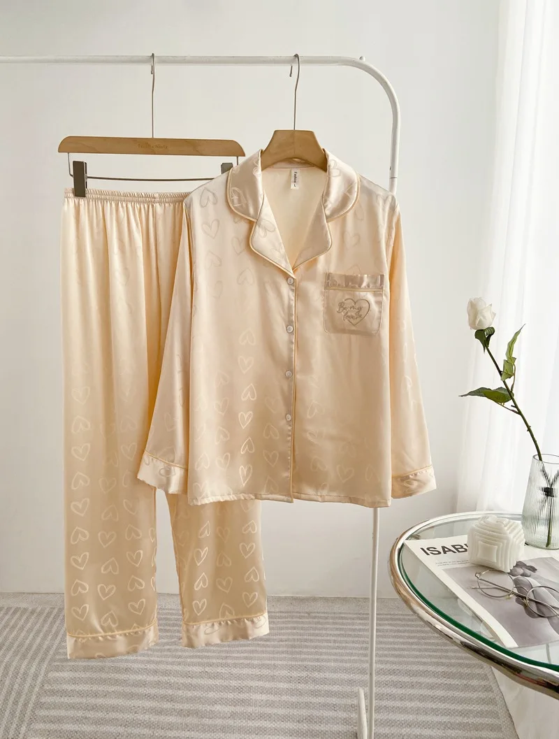 Elegant French Women 2Pcs Spring Summer Silk Satin Nightwear Elastic Waist Trouser Suits Loose Home Wear Black Leopard Loose