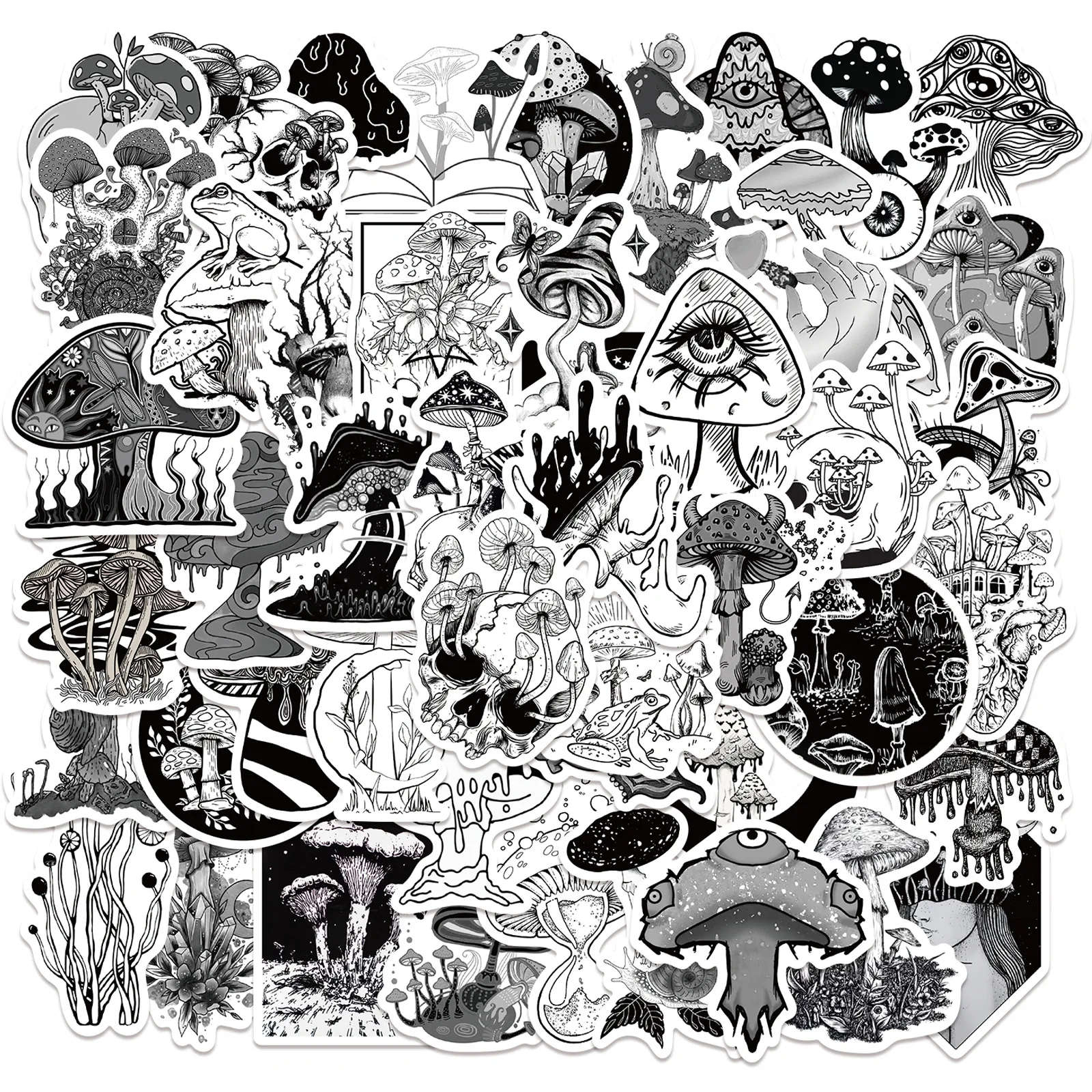 50Pcs Black and White Gothic Mushroom Stickers for Phone Laptop Luggage Notebook Car Scrapbooking Waterproof Decals Kids Toy C3