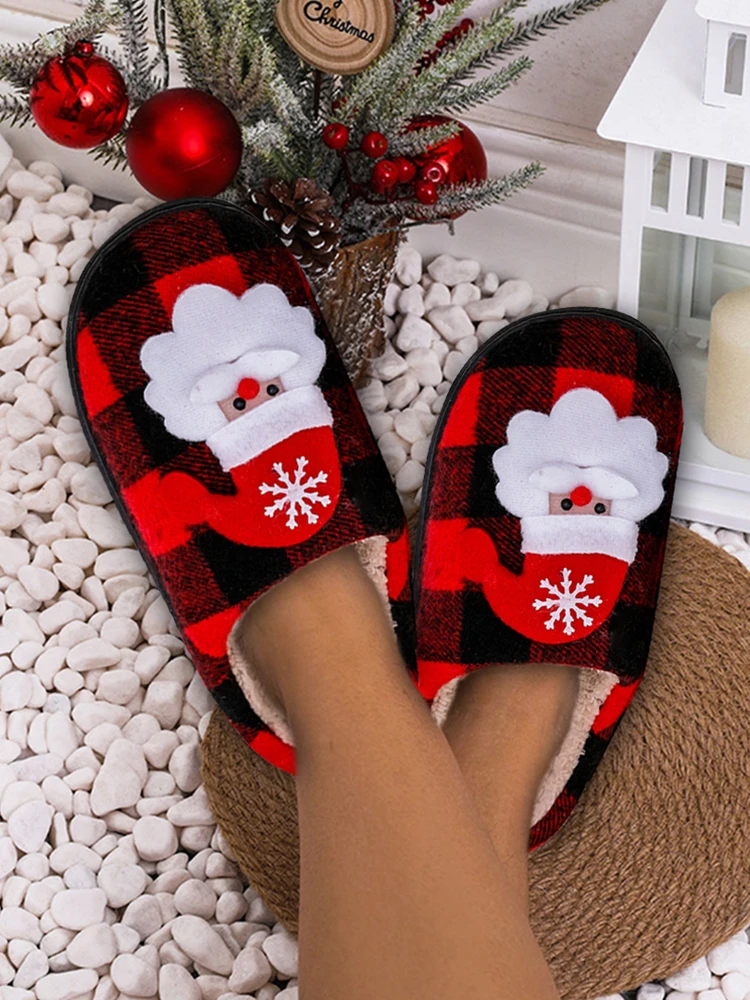 Christmas Furry Slippers Flat Santa Claus Plush Closed Toe Slippers Anti Slip Plush Slip-on House Shoes Plaid furry slippers