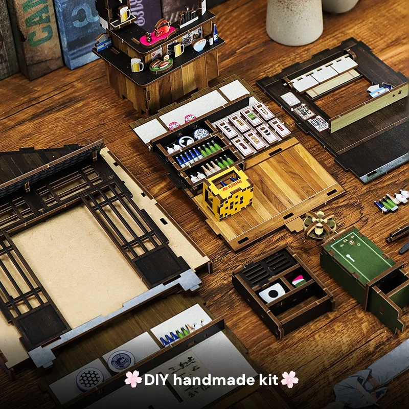 일본 사쿠라 이자카야 DIY 미니어처 하우스 키트, LED 조명이 포함된 3D 목재 조립 마이크로 모델, 데스크탑 홈 장식 휴일 선물