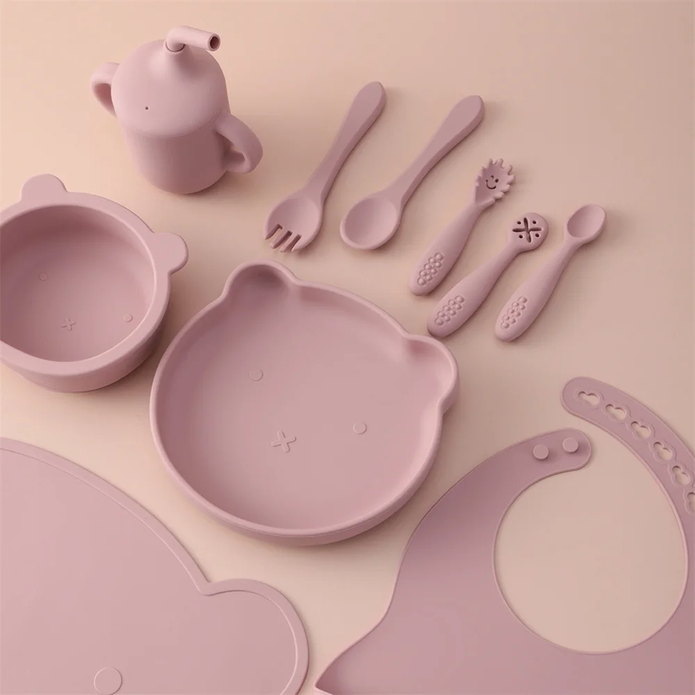 Color Kids 10PCS Soft Silicone Baby Feeding Set Suction Bowl Plate Bib Cup Utensils Waterproof Placemat Toddler Tableware Kit