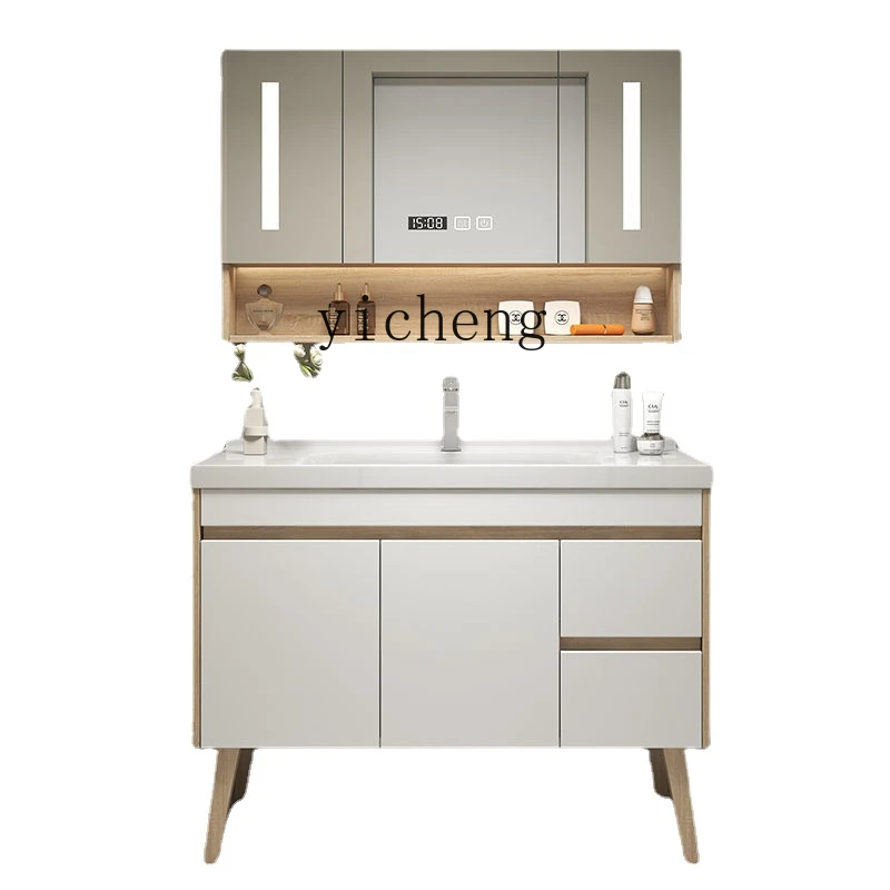 

XL Solid Wood Washbasin Cabinet Combination Wash Basin Washstand Ceramic Integrated Basin Mirror Cabinet