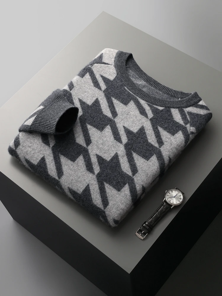 New Men O-neck Cashmere Sweater Long Sleeve 100% Merino Wool Pullover Autumn Winter Soft Warm Houndstooth Knitwear Casual Jumper 6