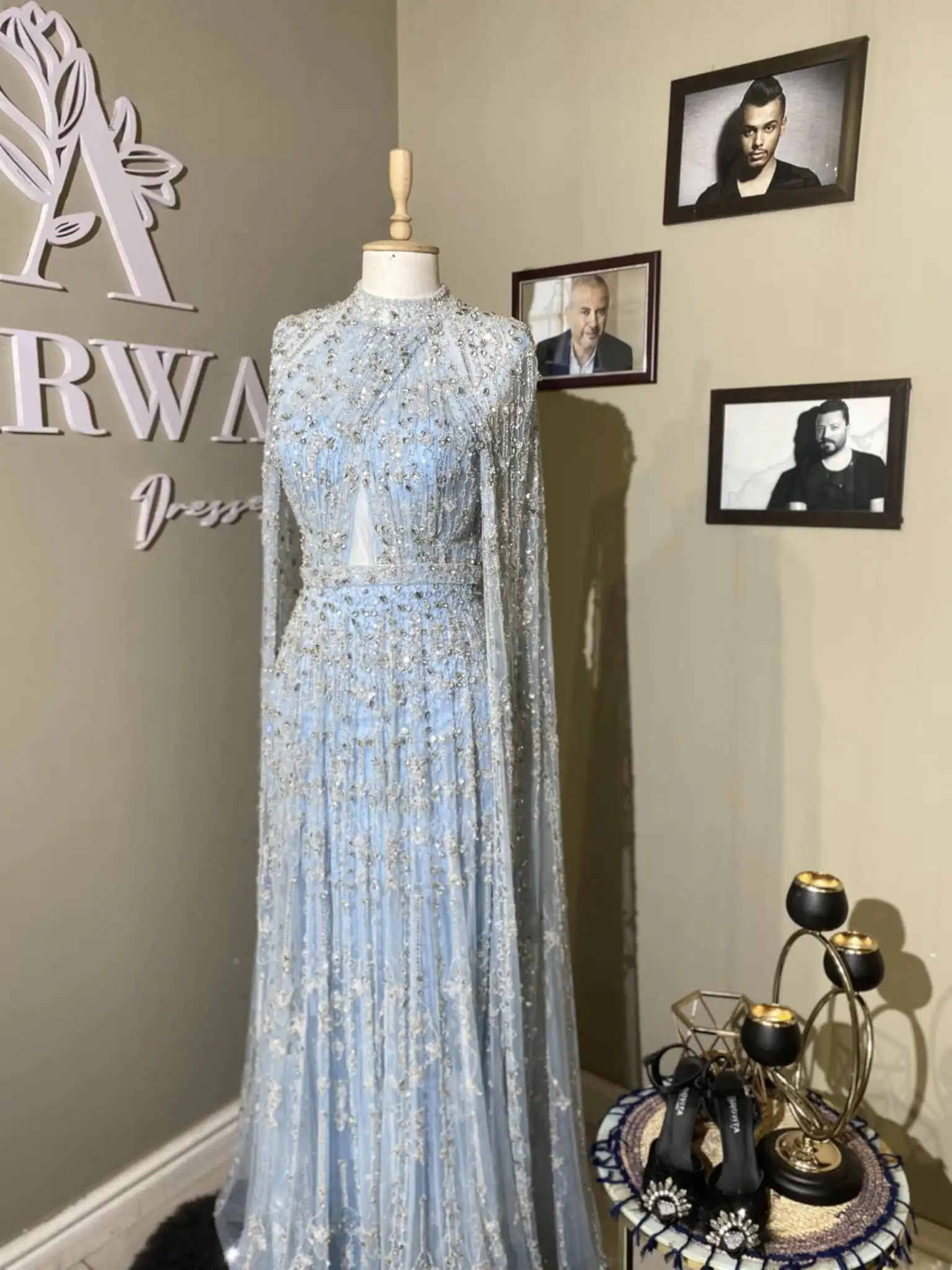 FATAPAESE Saudi Full Sleeve Fully Crystal Gown Wrape Tulle Beaded Sparking Gems Stones Bodice Removable Tail Cape