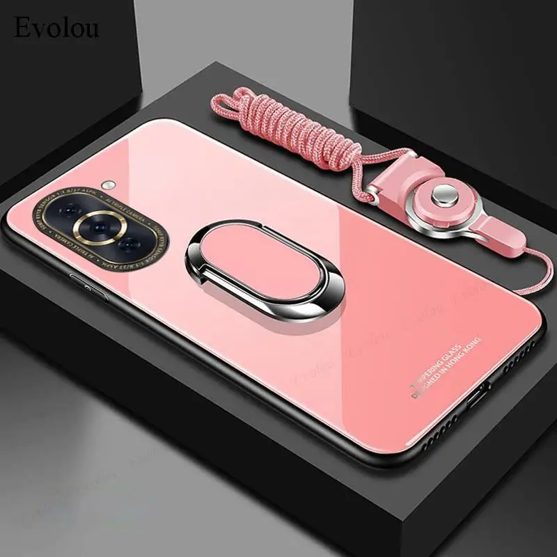 Premium Magnetic Ring Stand Shockproof Phone Case with Tempered Glass & Lanyard - Universal Fit