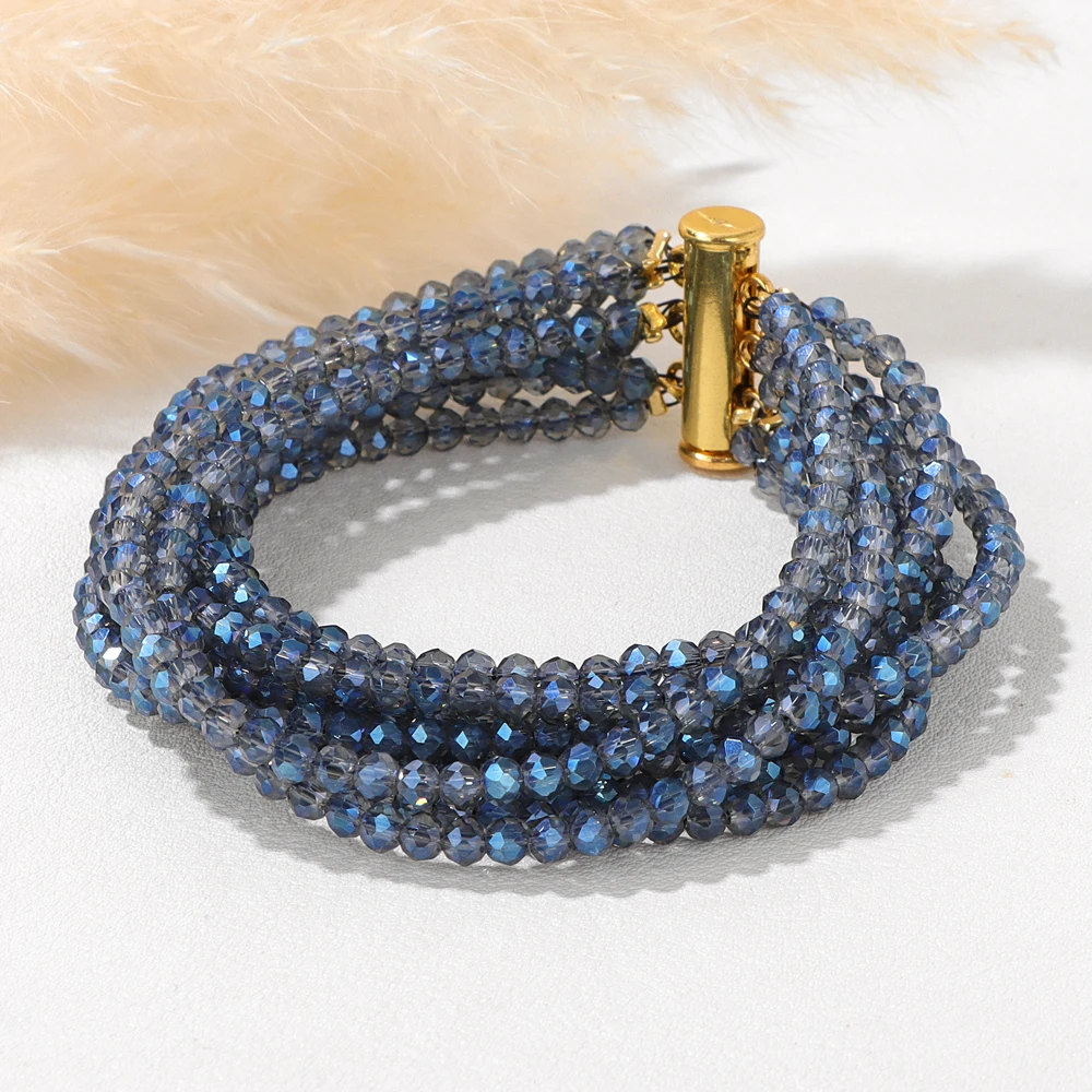Blaues Glaskristall-Miyuki-Armband, Böhmen, mehrschichtig, facettierte Kristallperlen, Armbänder für Damen und Herren, magnetische Schnalle, Schmuck