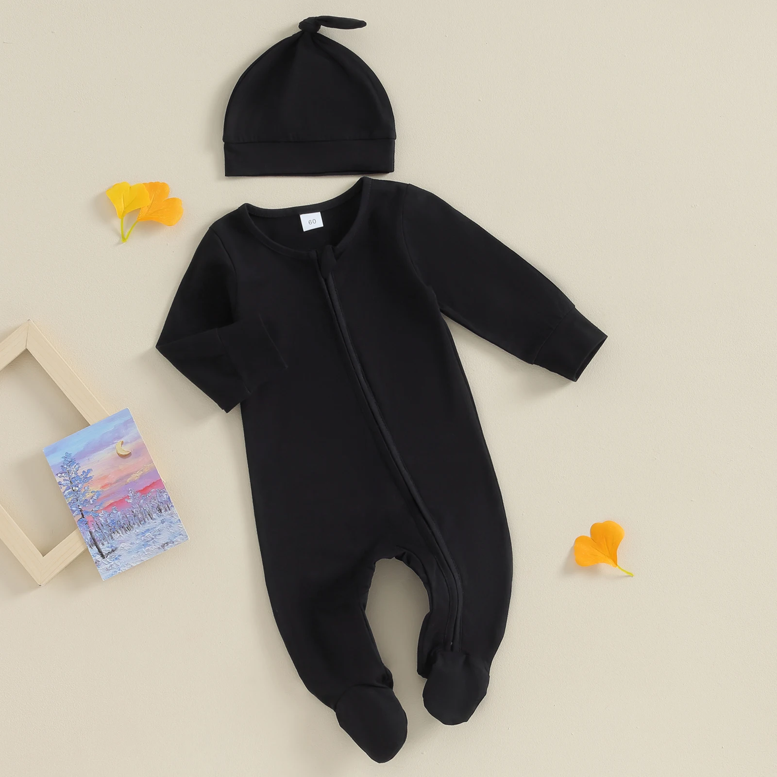 Ma & baby 0-6M   소년 소녀 점프 슈트 부드러운 긴 소매 지퍼 Romper + 모자 가을 봄  복장 의류