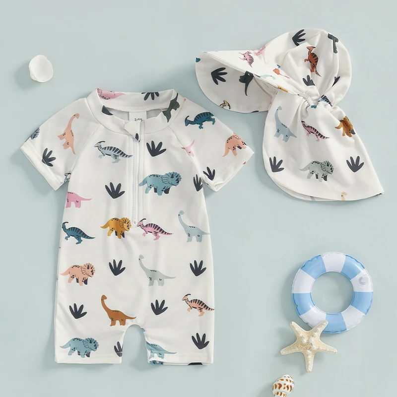 Citgeett Summer Toddler Boys Swimsuit Playsuits Cartoon Print Zipper Short Sleeve Bathing Suit Cap Clothes