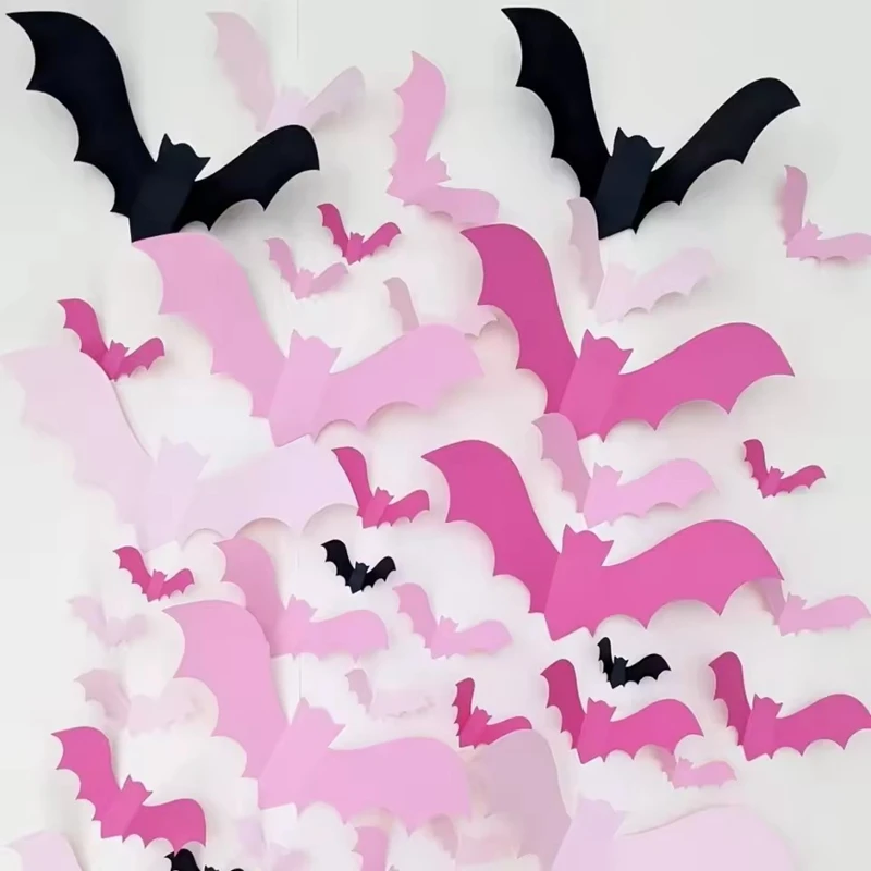24/48Pcs Halloween Pink Bats Window Sticker 3D Spooky Bat Wall DIY Decal for Halloween Home Kids Room Indoor Outdoor Decoration