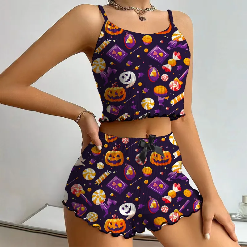 Halloween Pumpkin Print Pajama Set Womens Cute Ribbed Cami Crop Top and Shorts Two Piece Sleepwear Lettuce Hem Y2K Loungewear