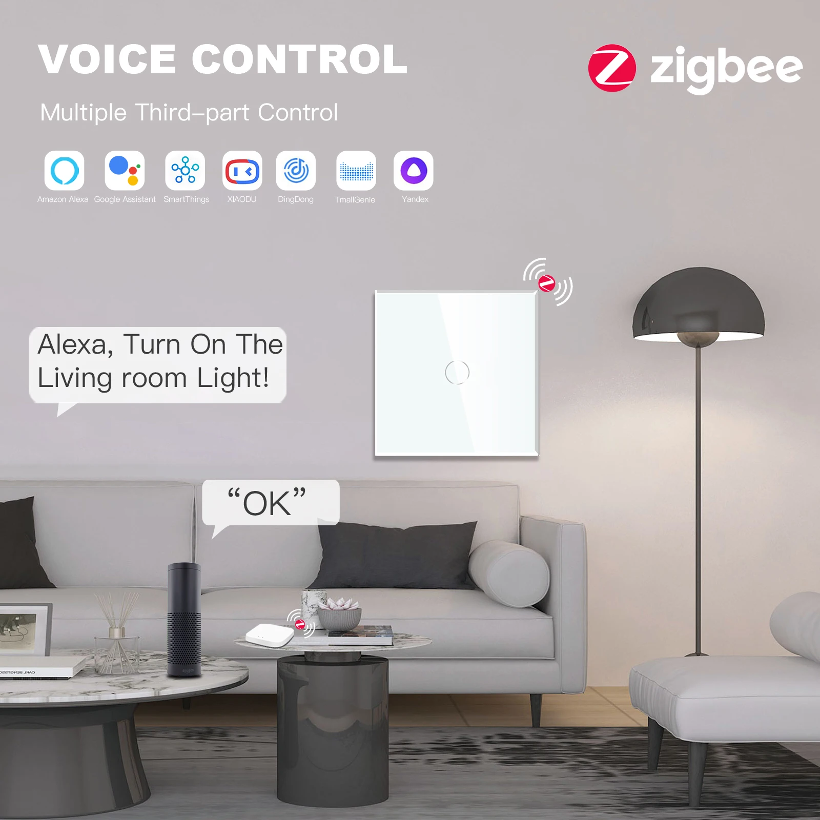 BSEED-Zigbee Touch Switches, 2Way Stairs Wall Switches, Tuya Smart Life, Alexa Yandex Voice Control, No melon al Glass Panel, 1Gang