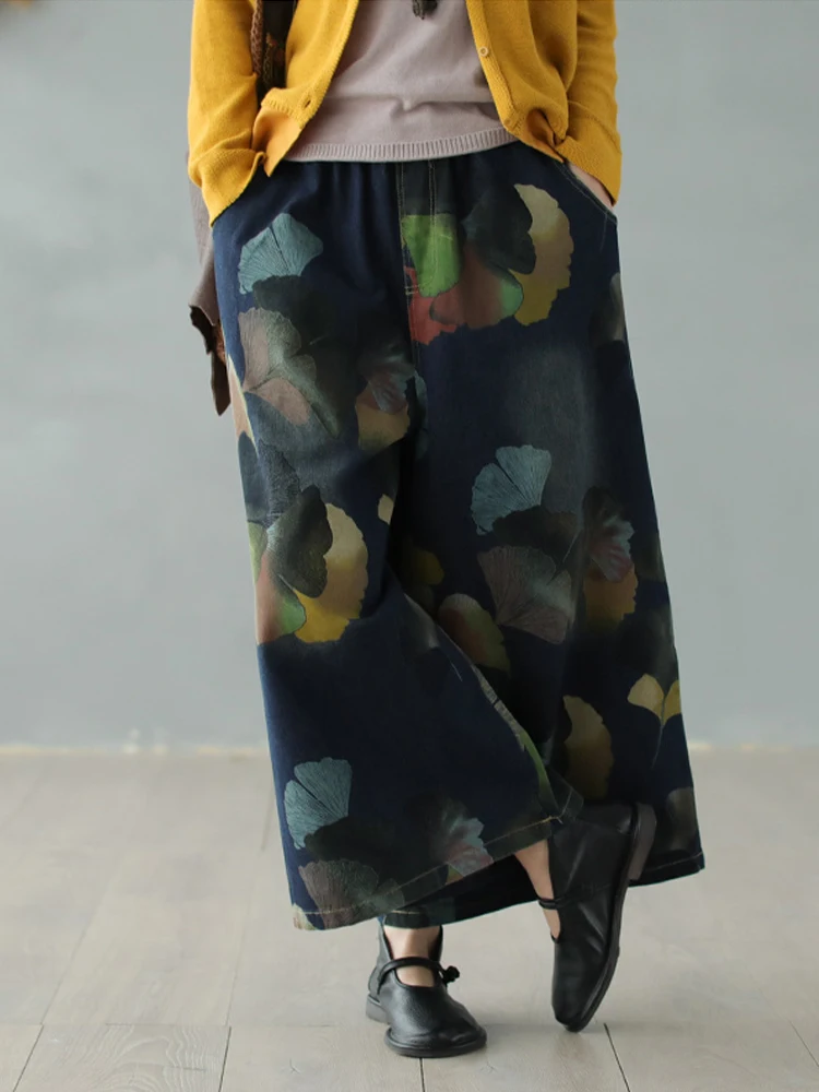Amax luluE 2025 printemps femme mode grande taille jean Floral Denim pantalon à jambes larges femmes ample Vintage décontracté imprimé pantalon