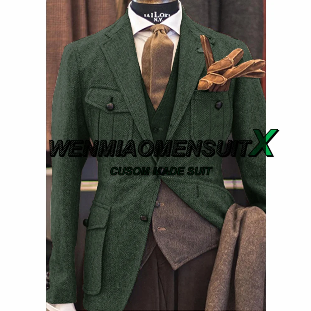 Men Suits Jackets Herringbone Blazer 2 Buttons Winter Warm Fleece Jacket