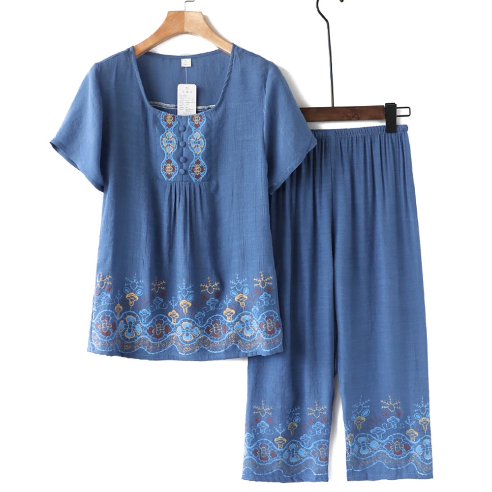 중년 및 노년 여성 반팔 티셔츠 어머니 정장, 루즈한 라지 사이즈 코튼 리넨 투피스 수트