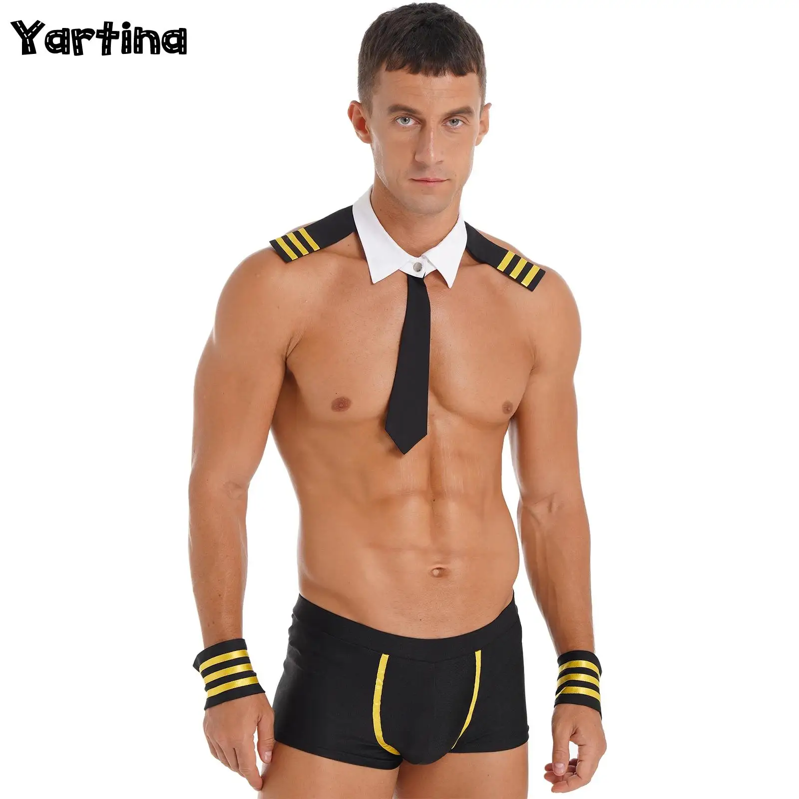 

Mens Sexy Navy Captain Cosplay Outfits Lingerie Sailor Nightwear Costume Low Rise R Suspender Boxer Shorts Collar Striped Cuffs