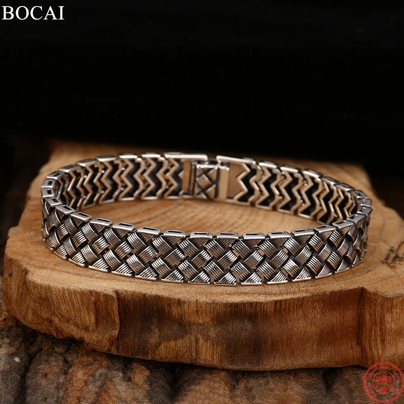 BOCAI S925 Sterling Silver Charm Bracelets for Men Retro Woven - Main Image