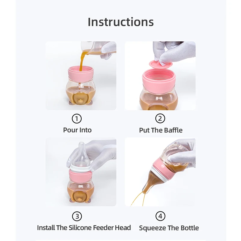 1 Pc Baby Medicine Feeder Bottle 70ml Bear Design Prevent Choking With 2 Pcs Silicone Replacement Pacifier And Food Spoon Head