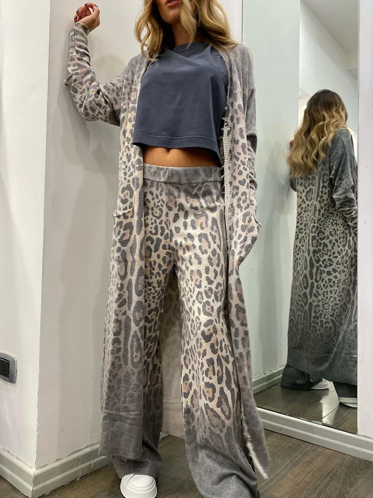 Spring Women's Long sleeved Casual Style Polyester Material 2024 New Fashion Leopard Pattern Cardigan Coat Long Pants Set lordloar big cable pattern cardigan navy