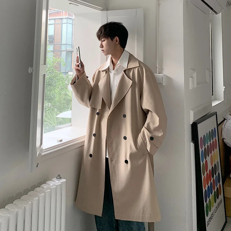 Khaki Men's Oversized Long Trench Coat Double Button Windbreaker New In Outerwears Long Jacket For Men Korean Style 2023 Male