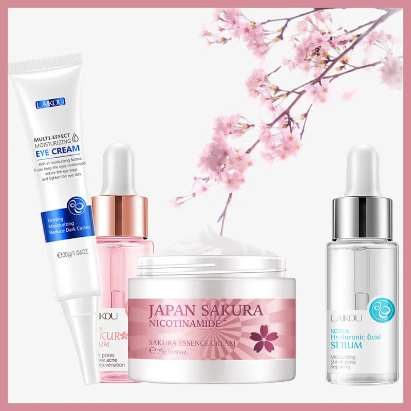 Conjunto de cuidado de la piel facial, esencia de flor de cerezo, crema hidratante de colágeno para ojos y suero facial, encoge los poros, conjunto de maquillaje de belleza