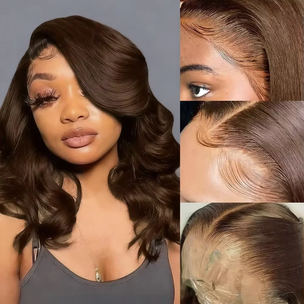 250% Schokoladenbraune Body Wave Glueless Lace Front Perücken, sofort tragbar, kurze Bob-Perücke, 13x4 HD Water Wave Lace Frontal Echthaarperücke – Detail 3