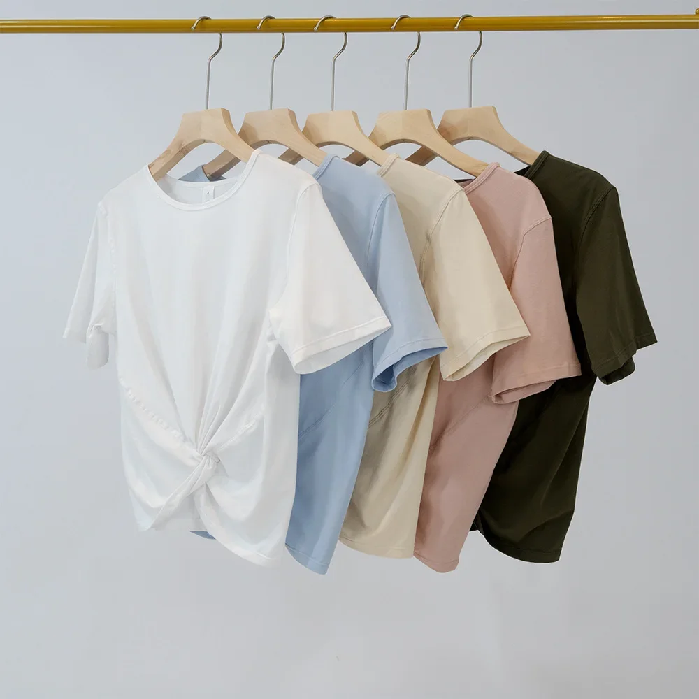 

Женская летняя футболка Lulu, новая короткая футболка из мягкого хлопка с широким полумесяцем, Спортивная тонкая Однотонная футболка большого размера